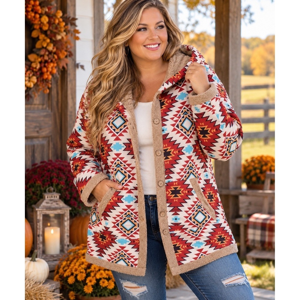 Women's 2XL Aztec Southwestern Hooded Jacket faux fur Lined Boho Western Coat